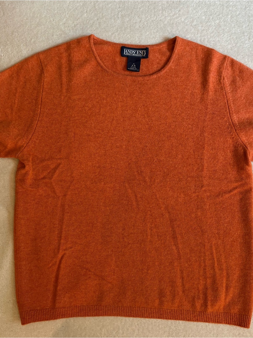 Lands' End 100% Cashmere Heathered Orange Short Sleeve Crewneck Sweater Sz S